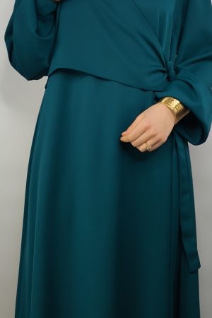 Robe de soirée bleu vert longue en viscose soyeuse, vue de face