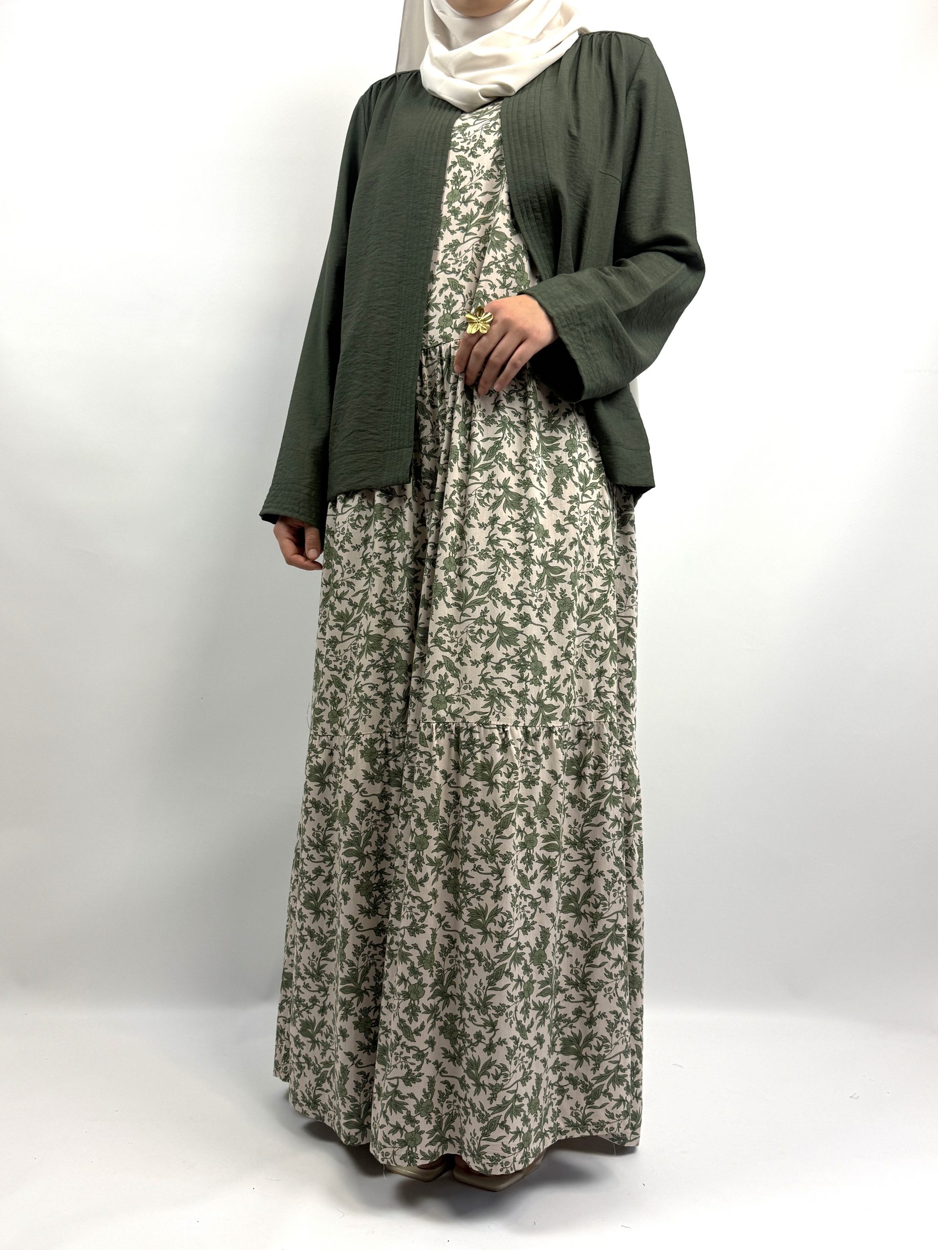 Ensemble Robe Fleurie Verte Sans Manches avec Veste Verte