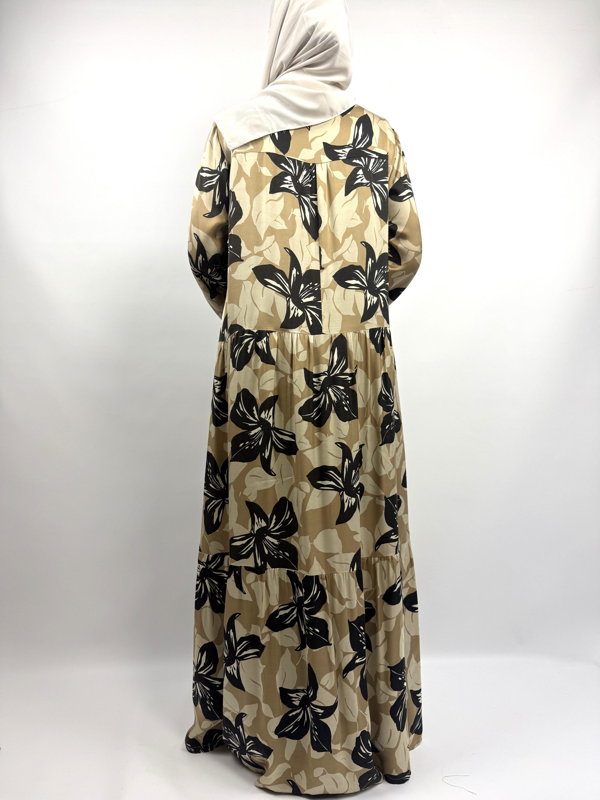 Longue Robe Imprimée Beige et Marron à Volants – Style Bohème Élégant – Image 3