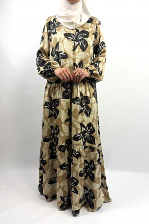 Longue Robe Imprimée Beige et Marron à Volants – Style Bohème Élégant