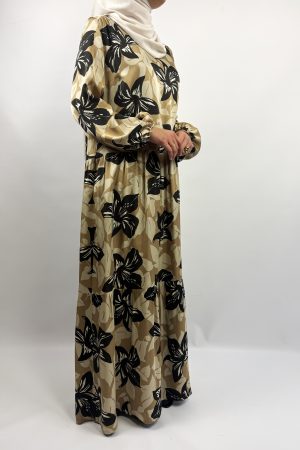 Longue Robe Imprimée Beige et Marron à Volants – Style Bohème Élégant